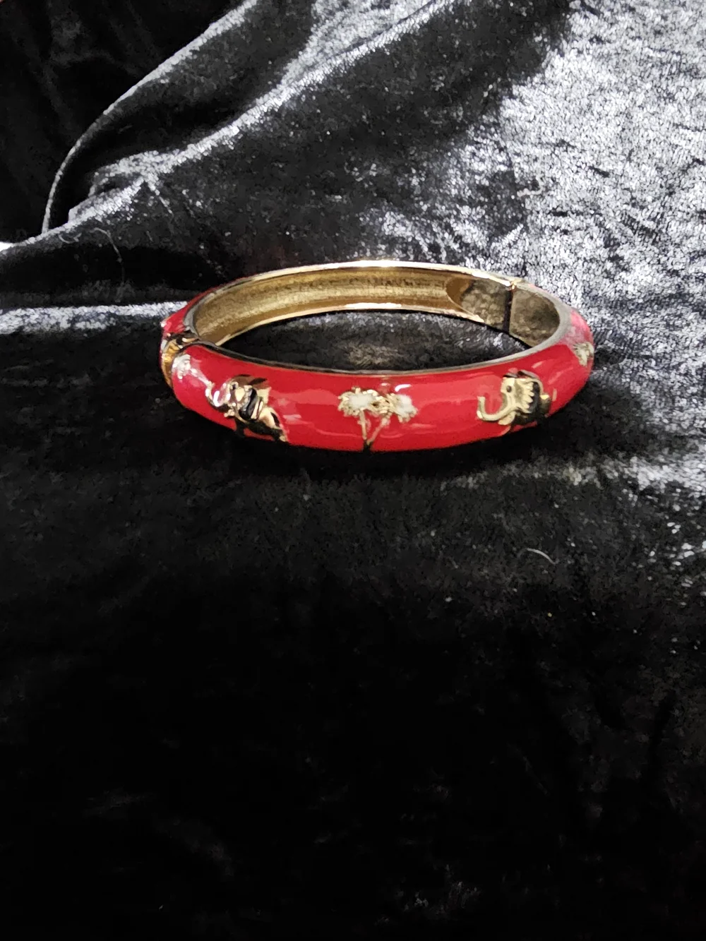 Red Gold-Tone Elephant Motif Enamel Bangle Bracelet